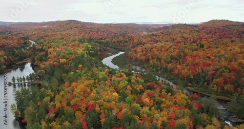 Aerial view of Bog River Falls near Tupper Lake in Adirondack Park in Upstate New York during fall. photo