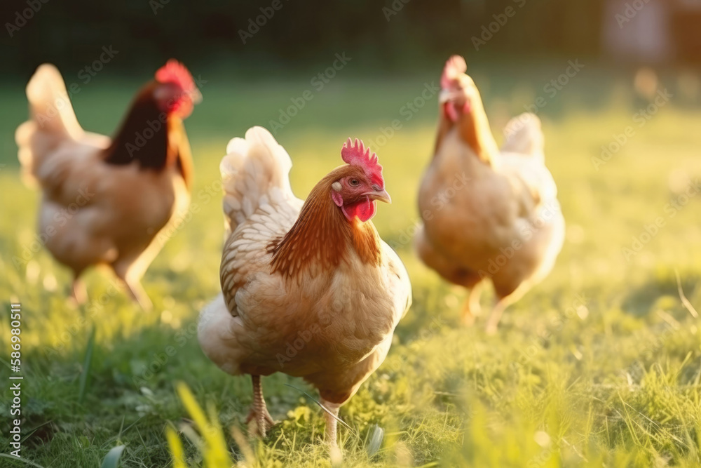 Rural farming. Beautiful healthy chickens on a green lawn. Created with Generative AI technology. Rural farming. Beautiful healthy chickens on a green lawn. Created with Generative AI technology.