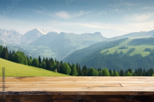 Empty wooden tabletop for products presentation against the background of alpine valley. Created with Generative AI technology.