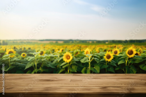 Empty wooden tabletop for products presentation against the background of sunflowers field. Created with Generative AI technology.