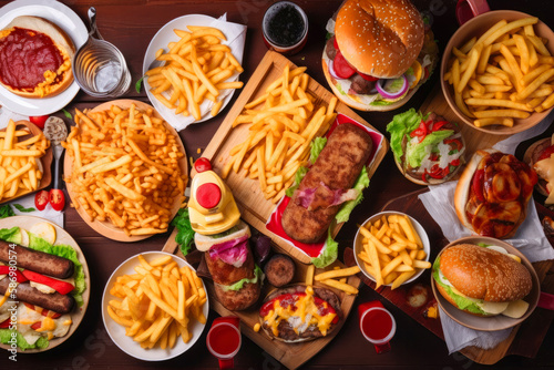 Table full of fast food: hamburgers, fries, cheese balls, burgers, and more. View from above. Created with Generative AI technology.
