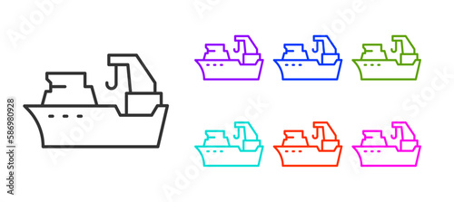 Black line Fishing boat icon isolated on white background. Fishing trawler. Set icons colorful. Vector