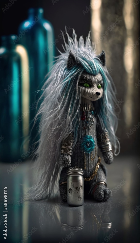 Exclusive toy wolf with long colored hair and dreadlocks, in the laboratory. Children's fantasy cyberpunk toy. Decorative gift for children. Character for children's books and stories. Created with AI