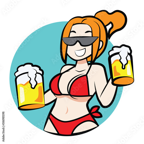 Female beer waitress in bikini on summer.