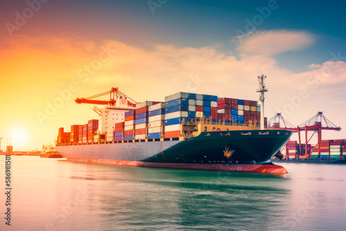 Big cargo ship with containers. Logistics sea port concept. Generative AI.