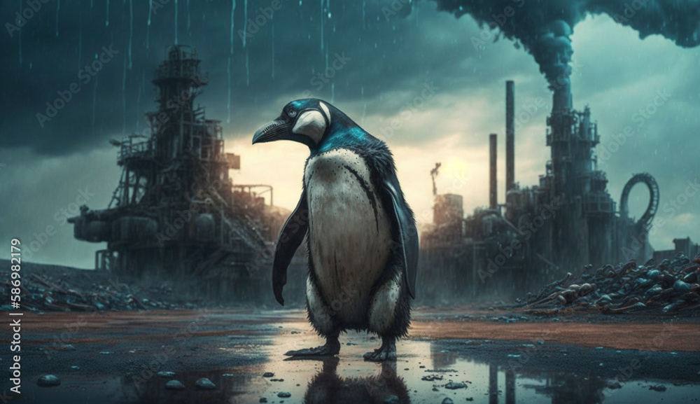small penguin stand in front Toxic mass from a chemical. AI Generative.