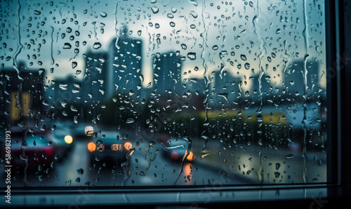 Rainy window with street background. Wet glass with blurred urban background. Generative AI. © Vadim