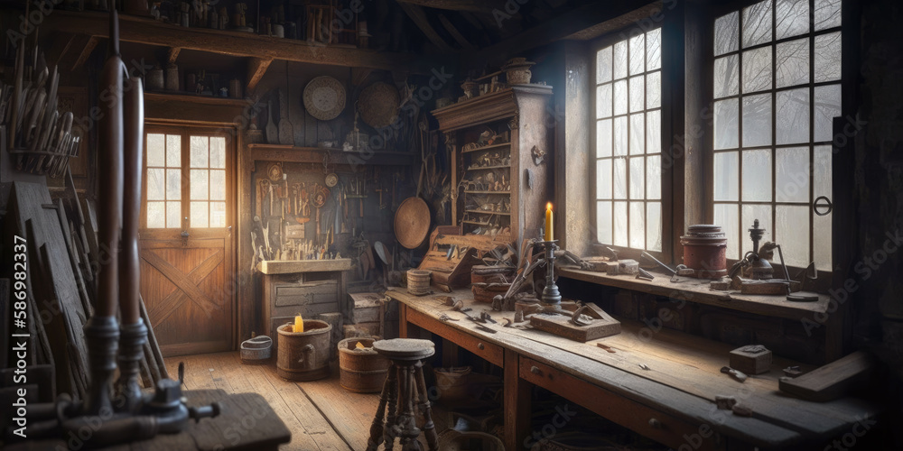 fine wood working or woodworking scene. wide format. Hand edited generative AI.
