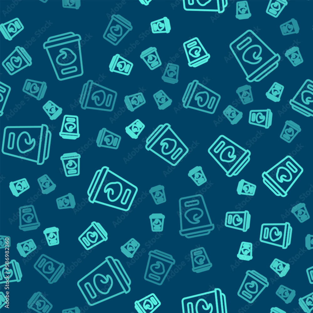 Green line Yogurt container icon isolated seamless pattern on blue background. Yogurt in plastic cup. Vector Green line Yogurt container icon isolated seamless pattern on blue background. Yogurt in plastic cup. Vector