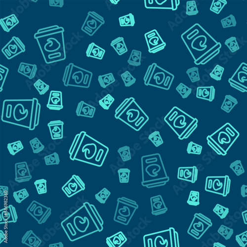 Green line Yogurt container icon isolated seamless pattern on blue background. Yogurt in plastic cup. Vector