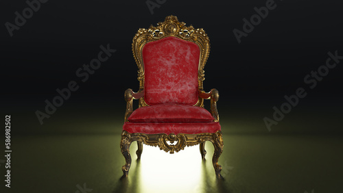3D render of red armchair on dark background with shining light