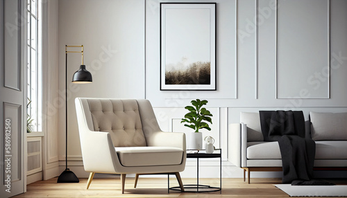 Modern interior design armchair sofa in living room with near windows and mock up poster frame in wall at home, Neutral living room, empty nobody, 3D render by Generative AI