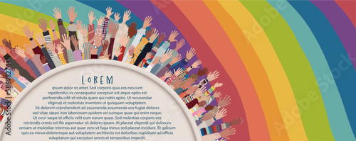 Group of raised hands in circle of multicultural and diverse age people. People diversity. Teamwork community and cooperation. Different cultures. Equality diversity inclusive. Banner