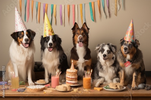 Dogs celebrating Birthday with treats and party hats