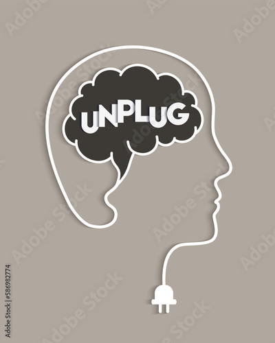 Brain unplug and disconnect as digital detox concept with head, brain, letters, cable and plug. Unplugging of mind, unplugged and disconnected state. Wire shaping profile and face outline of a person.