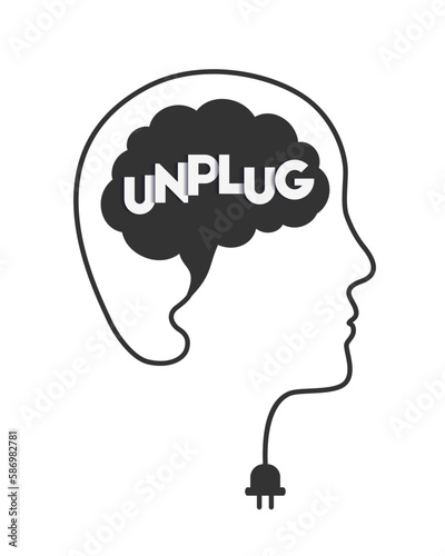 Brain unplug and disconnect concept with head, brain, letters, cable and plug. Unplugging of mind, unplugged and disconnected mental state. Digital break from technology metaphor.