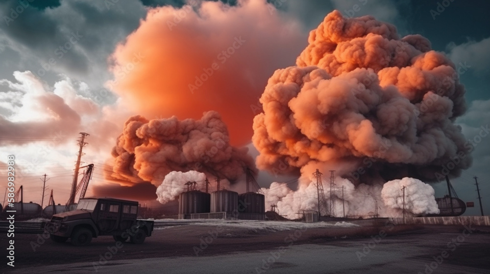 Pictures of toxic smoke from oil refineries, petrochemical plants, petroleum, chemical industries. Generative AI.