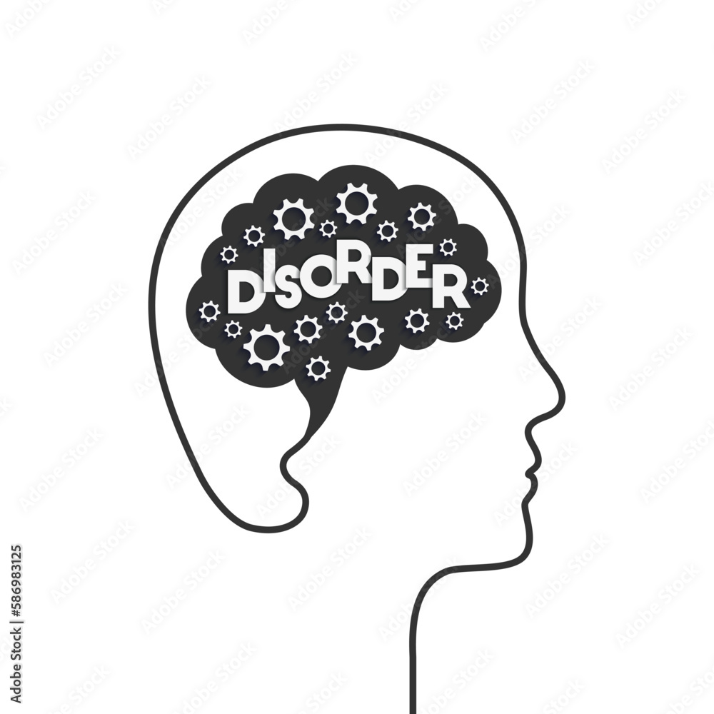 Mental disorder concept. Head and brain silhouette with gears, letters. Mental illness, mind sickness. Profile face outline of a mentally ill person. Vector illustration isolated on white background.