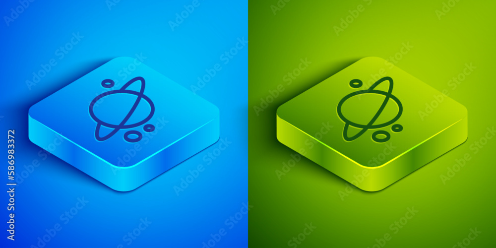 Isometric line Planet Saturn with planetary ring system icon isolated on blue and green background. Square button. Vector Isometric line Planet Saturn with planetary ring system icon isolated on blue and green background. Square button. Vector