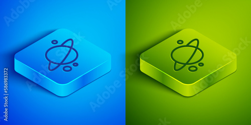 Isometric line Planet Saturn with planetary ring system icon isolated on blue and green background. Square button. Vector