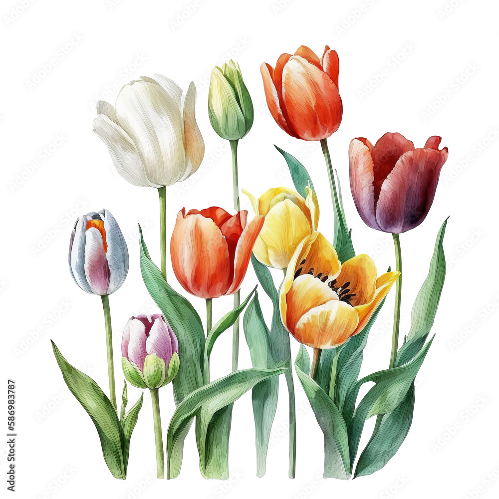 Fototapeta premium Watercolor tulips isolated on white. Generative Ai 