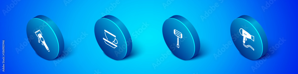 Set Isometric Electrical hair clipper, Shaving razor, Hair dryer and Coffee cup icon. Vector Set Isometric Electrical hair clipper, Shaving razor, Hair dryer and Coffee cup icon. Vector
