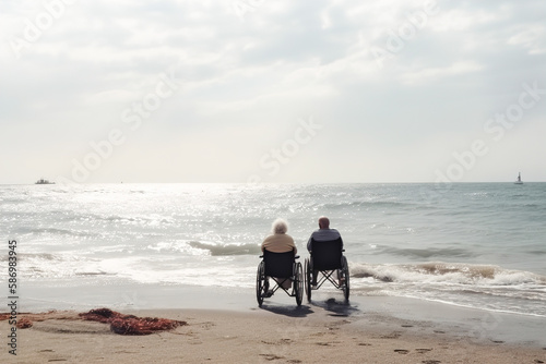 Elderly couple in wheelchairs on the seashore, rear view. AI generated