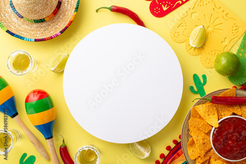 Get the party started with this colorful top view of a sombrero, poncho, and maracas, with tequila shots, lime , chili peppers, nacho chips, salsa on a yellow backdrop with a white blank circle