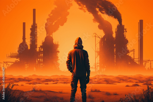 Illustration of a men standing looking at toxic fumes from a petrochemical refinery at sunrise. Generative AI.