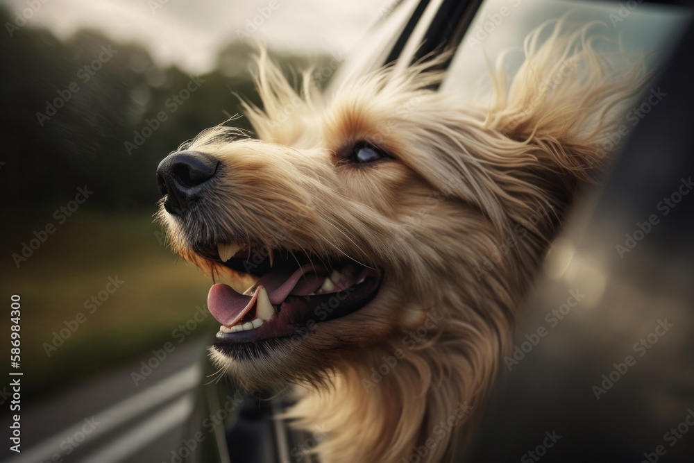 Dog on road trip sticking its head out of car window Dog on road trip sticking its head out of car window