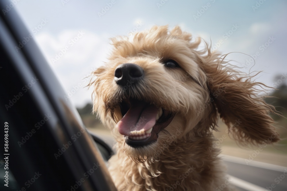 Dog on road trip sticking its head out of car window Dog on road trip sticking its head out of car window