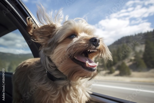 Dog on road trip sticking its head out of car window