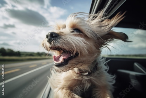 Dog on road trip sticking its head out of car window