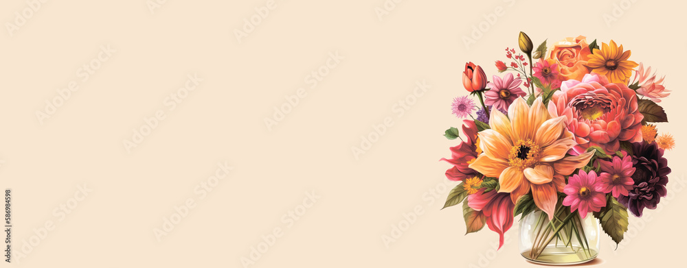 Obraz premium The front view of an image depicting a composition of pink, red, orange, and purple flowers on a pastel background.