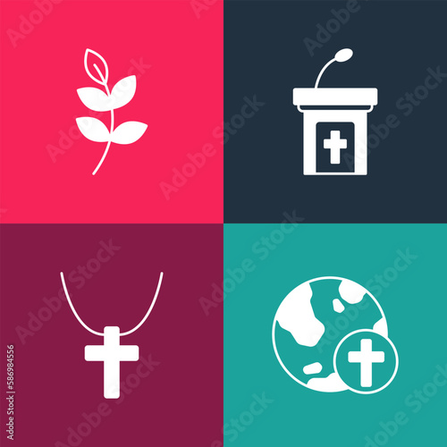 Set pop art Christian cross with globe, on chain, Church sermon tribune and Willow leaf icon. Vector