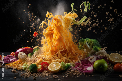 An explosion of fresh noodles and vegetables stir fry healthy food. Generative ai