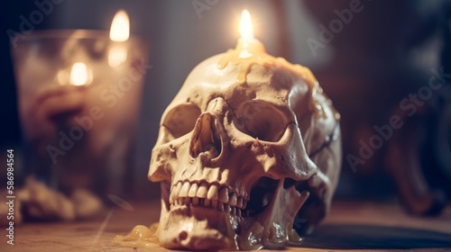 A candlelit human skull with melted candle wax, perfect for spooky Halloween decorations