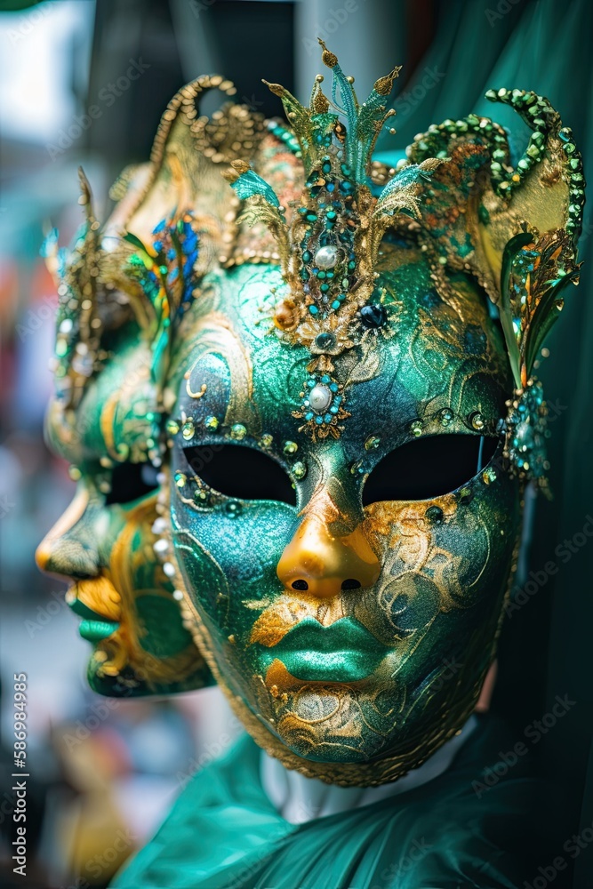 Mystery Unfolds with a Shiny Gold Carnivalesque Mask: A Traditional Fantasy Costume from Rio de Janeiro: Generative AI