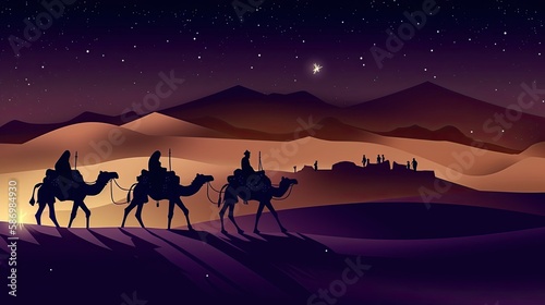 Journey to Bethlehem  Wise Men Traveling in the Desert Sand at Night by Camel - An East Christian Holy Illustration  Generative AI