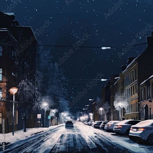 Night Lights Illuminate Wintery City Scene - A Christmas Landscape of Snow, Streets, and Cars: Generative AI