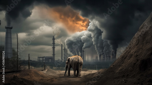 elephant stands watching a petrochemical refinery at sunrise. Generative AI.