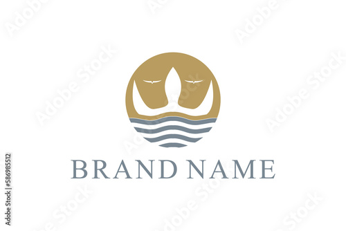 Golden Trident King Crown with Ocean Sea Wave and Bird logo design