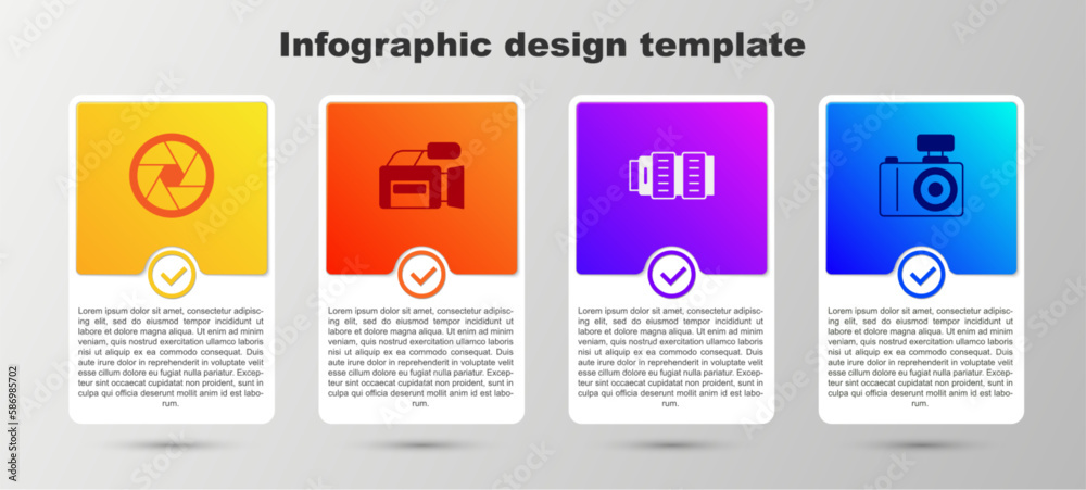 Set Camera shutter, Cinema camera, photo lens and Photo. Business infographic template. Vector Set Camera shutter, Cinema camera, photo lens and Photo. Business infographic template. Vector
