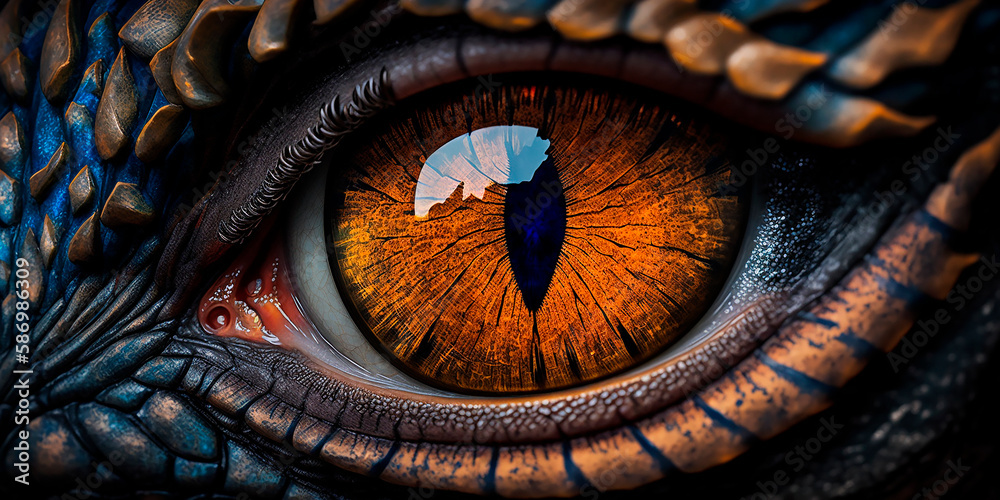 Dragon eye. 3d render of close up lizard eye. Fantasy monster looking. Macro photography of creature. Realistic colorful eye of evil dinosaur beast. Macro of angry magical animal.Generative AI