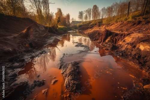 Toxic mass from the chemical industry flows into the river. Generative AI.