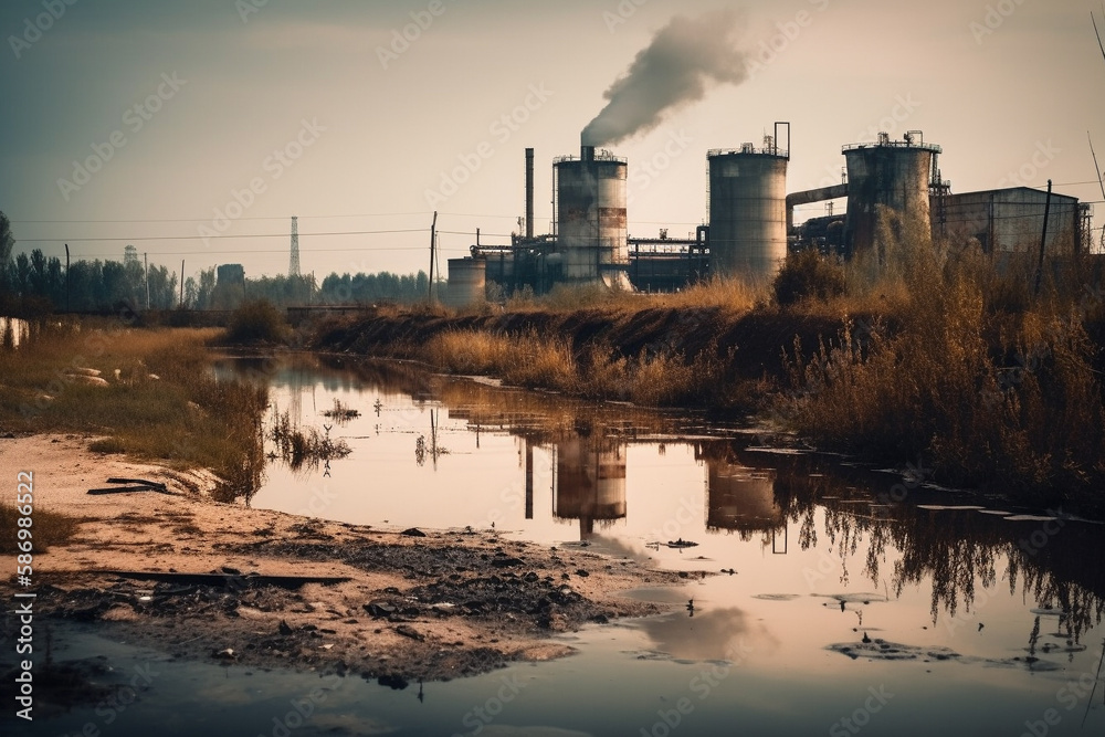 Toxic mass from the chemical industry flows into the river. Generative AI.