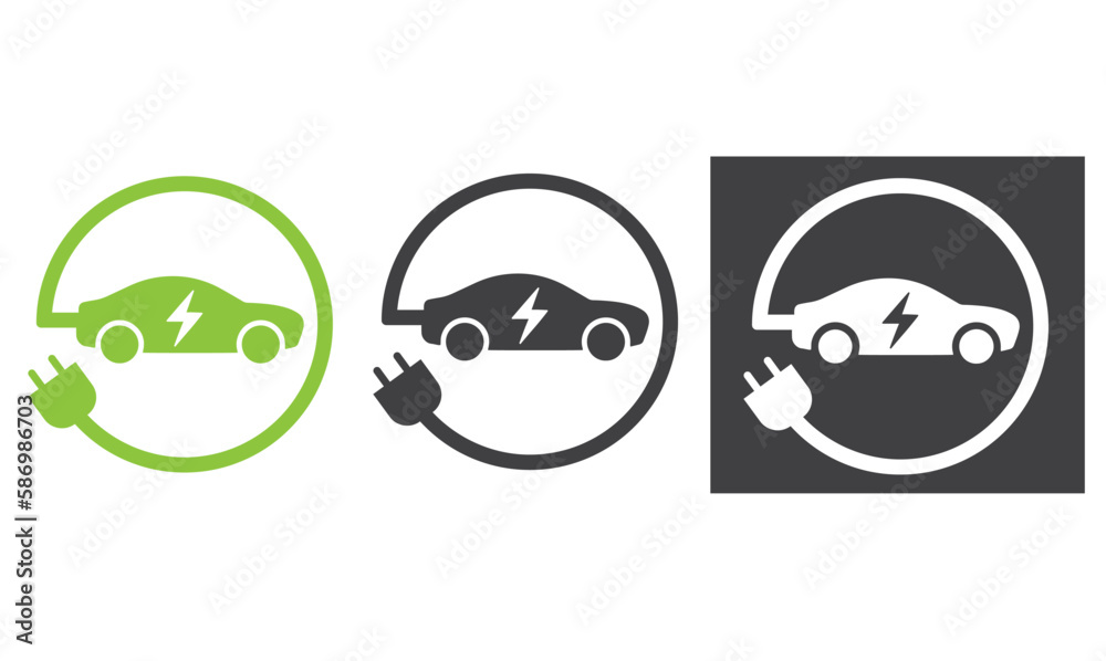 Electric car with plug green icon symbol. Electric car with plug green icon symbol.