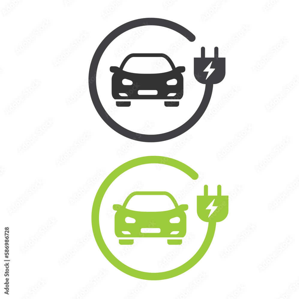 Electric car with plug green icon symbol. Electric car with plug green icon symbol.