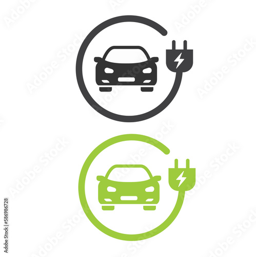 Electric car with plug green icon symbol.