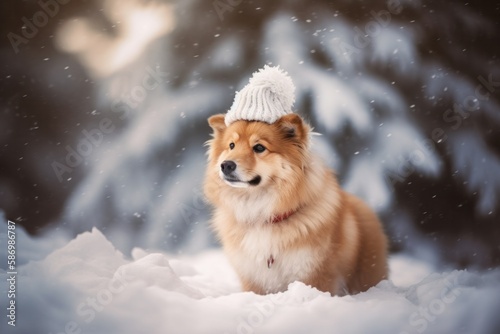 Playful Dog in Winter Wonderland Wearing Festive Hat © Georg Lösch